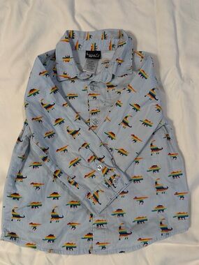 Light Blue Rainbow Dino Button-Down Shirt for Kids by Little Rebels